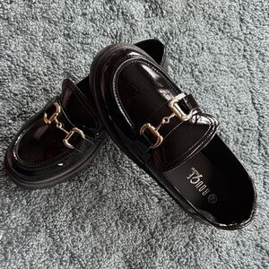 Rouge Helium Black Patent Loafers with Gold Hardware